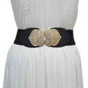 レディース ウエストマークベルト 伸縮性 ゴム メタルハートバックル ブラック 黒色 幅広 オールシーズン サッシュベルト フリーサイズ おしゃれ かわいい きれいめ カジュアル ワンピース チュニック トップス 調節可能 彫刻デザイン(x2)