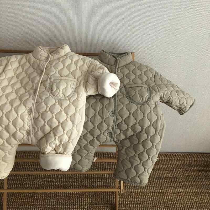 ロンパース ベビー 男の子 新生児 韓国風 秋冬物 前開きボタン 長袖 厚手 コットン レトロ 菱形 ウェー..