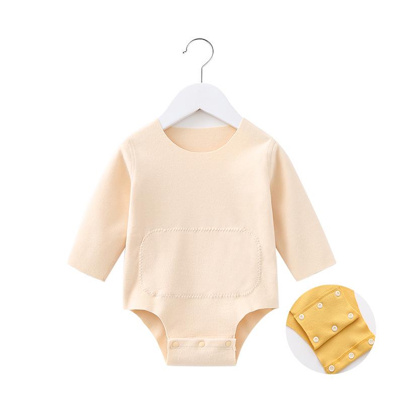 ロンパース ベビー 新生児 男の子 女の子 男女兼用 秋冬 保温 裏起毛 長そで 腹巻付き あったか 肌着 カバーオール ボディスーツ 部屋着 寝間着 カーキ ピンク 黄 緑