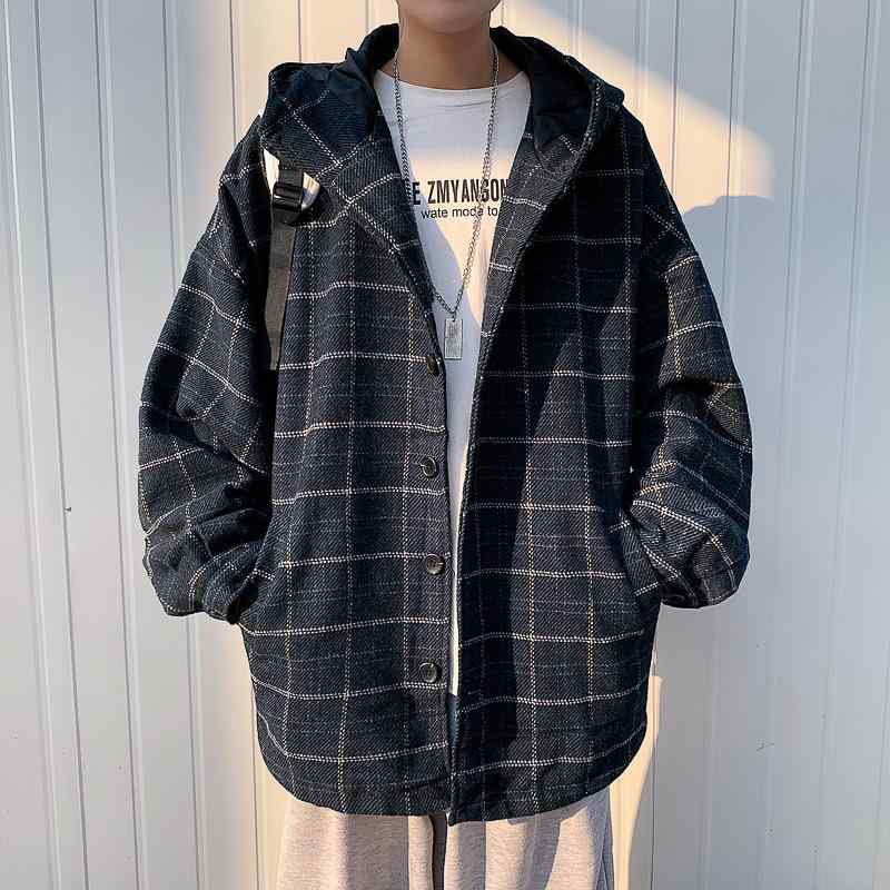 ジャケット メンズ フード付き 厚手 保温 防寒 チェック柄 メルトン調ポリエステル素材 ワーク カジュアル ストリート オーバーサイズ ゆったり 秋冬 男性用 アウター