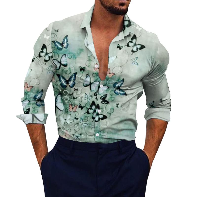 シャツ メンズ 男性用 吸汗速乾 ストレッチ 長袖 ゆったり 3Dプリント 蝶柄 小花柄 カジュアル 欧米風 ビーチ リゾート 普段着 デイリーユース 春秋 襟付き
