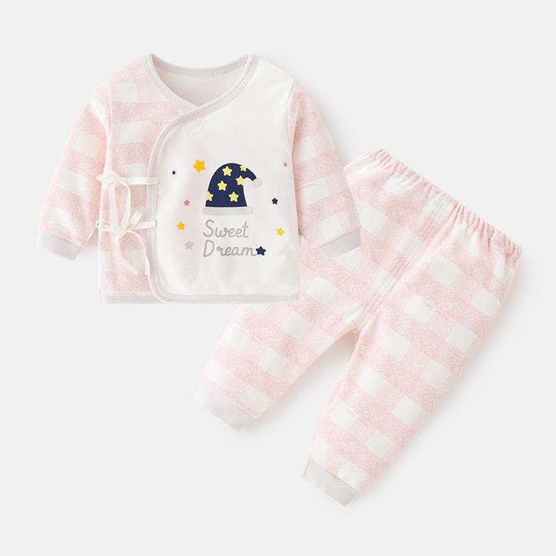 ベビー肌着 新生児 赤ちゃん 男女兼用 綿100% コットン やわらか 保温 A類安全基準 上下セット 春秋 丸首 前開き インナー パジャマ アニマル ストライプ かわいい