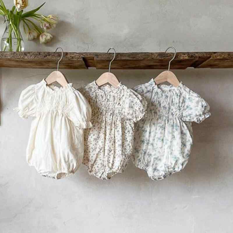 ロンパース 女の子 ベビー さらさら コットン100% 肌に優しい 小花柄 パフスリーブ 半袖 夏物 プルオーバー カバーオール ボディスーツ 韓国子供服 お出かけ 部屋着