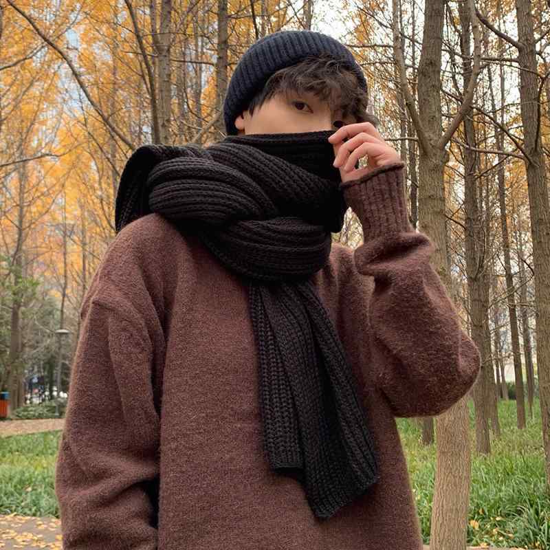 マフラー メンズ 防寒 暖かい 保温効果 ニット素材 秋冬物 トレンド おしゃれ カジュアル 韓国ファッション 黒 ロング丈 ペア カップル