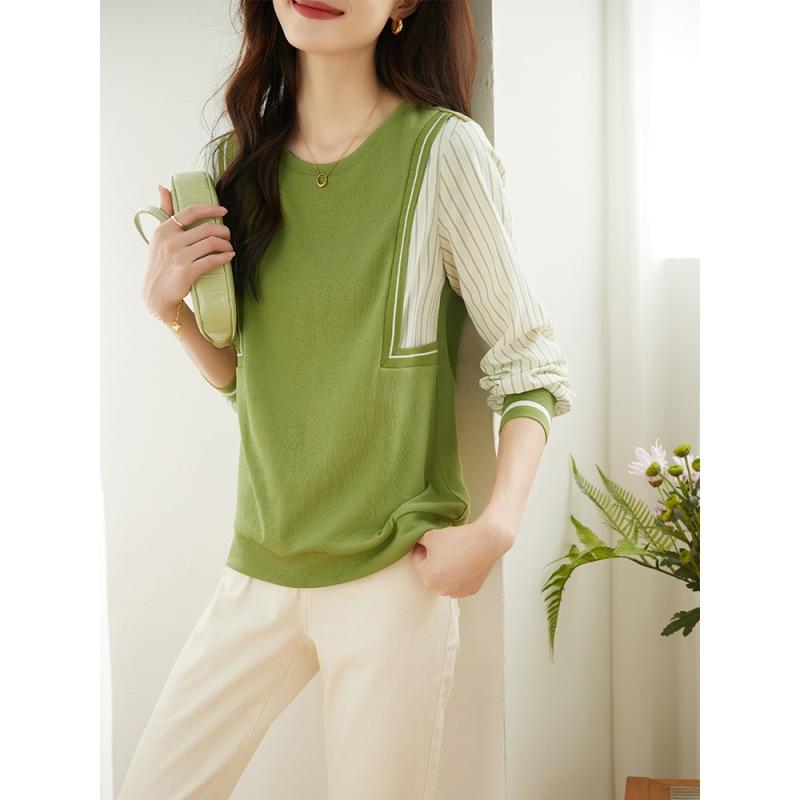 スウェット レディース グリーンのストライプ シフォン 切り替え フェイクレイヤード クルーネック 長..