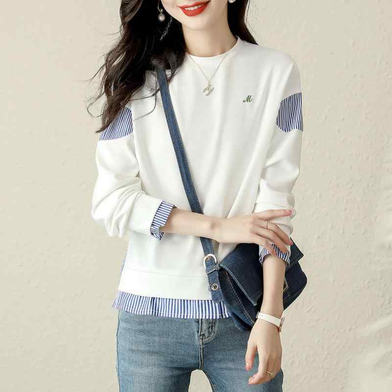 Tシャツ レディース 秋冬 おしゃれ シンプル 切り替え 配色 フェイクレイヤード 着痩せ ストライプ柄 長袖 プルオーバー ゆったり クルーネック オフィス 通勤 カジュアル ホワイト ポリエステル