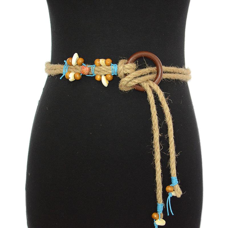 ベルト レディース 女性用 綿麻素材 編み込み ビーズ装飾 結び紐 細ベルト エスニック ボヘミアン レト..