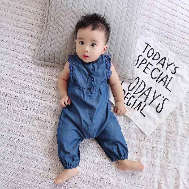 ロンパース ベビー服 赤ちゃん 男女兼用 ユニセックス デニム コットン ノースリーブ サロペット風 カバーオール 春夏 かわいい カジュアルスタイル 乳幼児向け