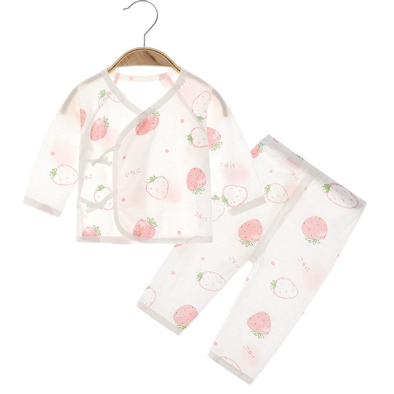 ベビー肌着 新生児 男女兼用 吸湿速乾 薄手 肌に優しい縫製 綿100% 長袖 上下セット パジャマ ルームウェア 冷房対策 丸首 プリント柄 アニマル柄 春夏