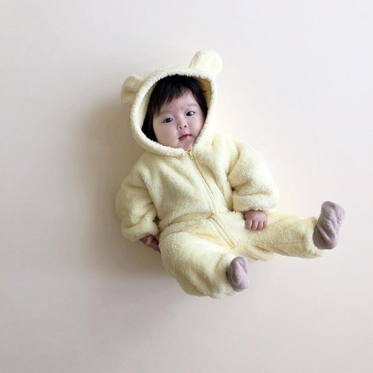 ロンパース ベビー 男女兼用 新生児 0歳 1歳 80cm 裏起毛 厚手 暖かい フード付き 長袖 ジップアップ ..