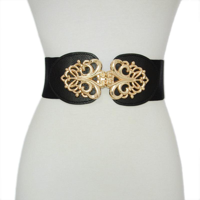 ベルト レディース 冬 レトロ 幅広 カジュアル 伸縮性 ストレッチ ゴムベルト メタル彫金装飾 合金バックル ウエストマーク 黒 無地(x2)