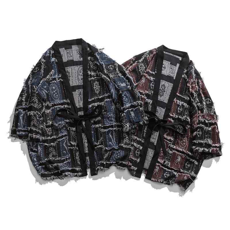 ジャケット メンズ ゆったり デニム ニット切り替え ダメージ加工 プリント 民族風 エスニック ビッグシルエット 大きいサイズ ノーカラー 3/4スリーブ カーディガン アウター ブルゾン カジュアル オールシーズン