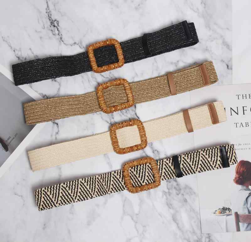 ベルト レディース 春夏 サッシュベルト 太め ウエストマーク 伸縮性 ゴム 草編み スクエアバックル リゾート ビーチ ボヘミアン カジュアル ファッション小物