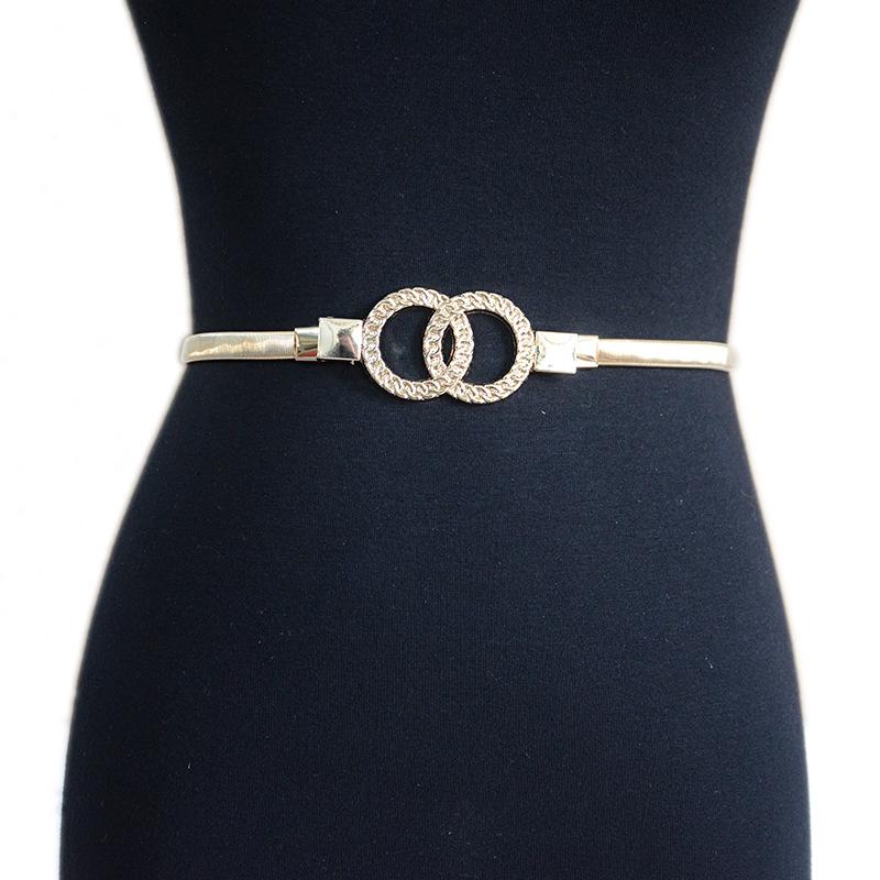 ベルト レディース カジュアル 伸縮性 スプリング メタル ダブルリング ウエストチェーン 細ベルト ゴールド 合金製 装飾 コーディネート(x2)