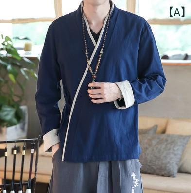 シャツ メンズ 羽織り チャイナ風 綿麻 リネン素材 長袖 ショート丈 紐デザイン 切り替え 配色 スリムフィット レトロ 春夏秋