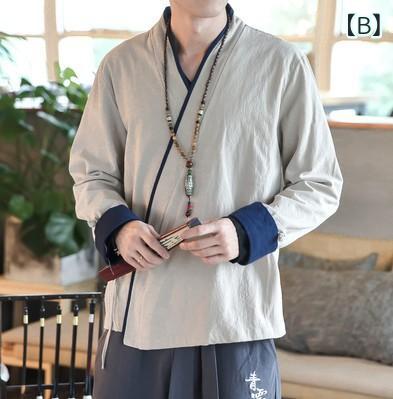 シャツ メンズ 羽織り チャイナ風 綿麻 リネン素材 長袖 ショート丈 紐デザイン 切り替え 配色 スリムフィット レトロ 春夏秋