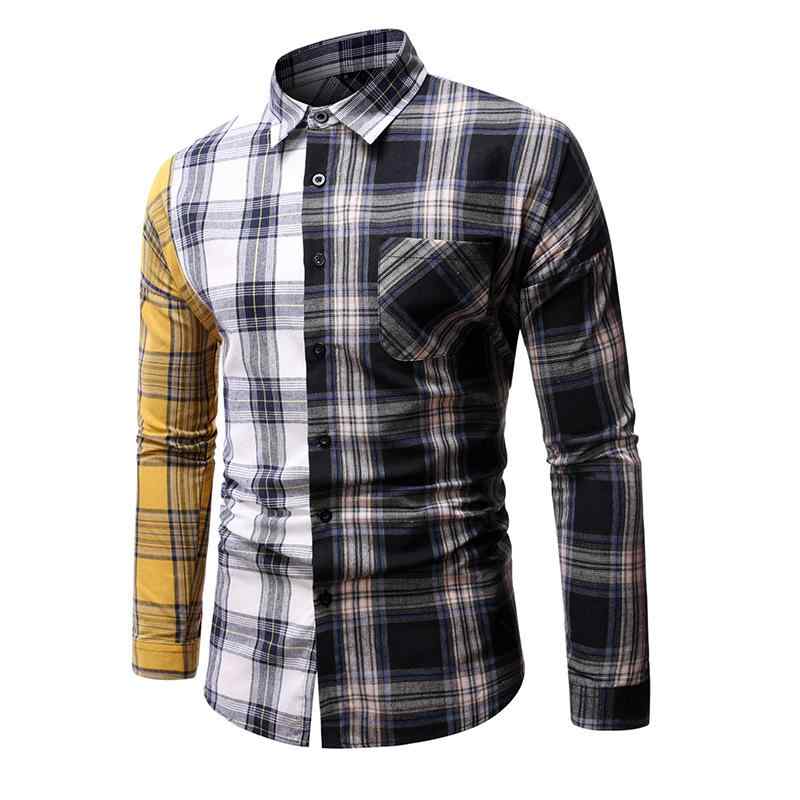 シャツ メンズ 春秋 長袖 チェック柄 切り替え配色 ルーズ ゆったり 個性的 カジュアル コットンブレンド ポリエステル混 尖り襟 若者向け 普段使い おしゃれ