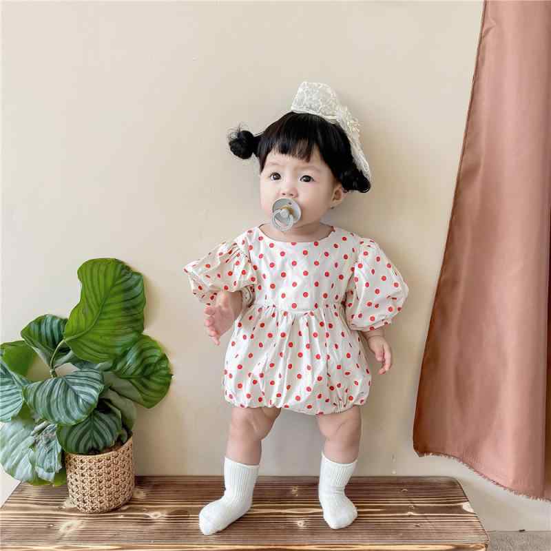 ロンパース ベビー 女の子 半袖 パフスリーブ ドット柄 水玉模様 薄手 軽量 通気性 吸汗性 コットン 綿 春夏 カバーオール 赤ちゃん 女児 韓国子供服 カジュアル レッド