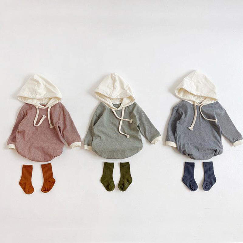 ロンパース ベビー キッズ 男女兼用 新生児 乳幼児 フード付き 長袖 綿素材 Aクラス ストライプ 韓国風..