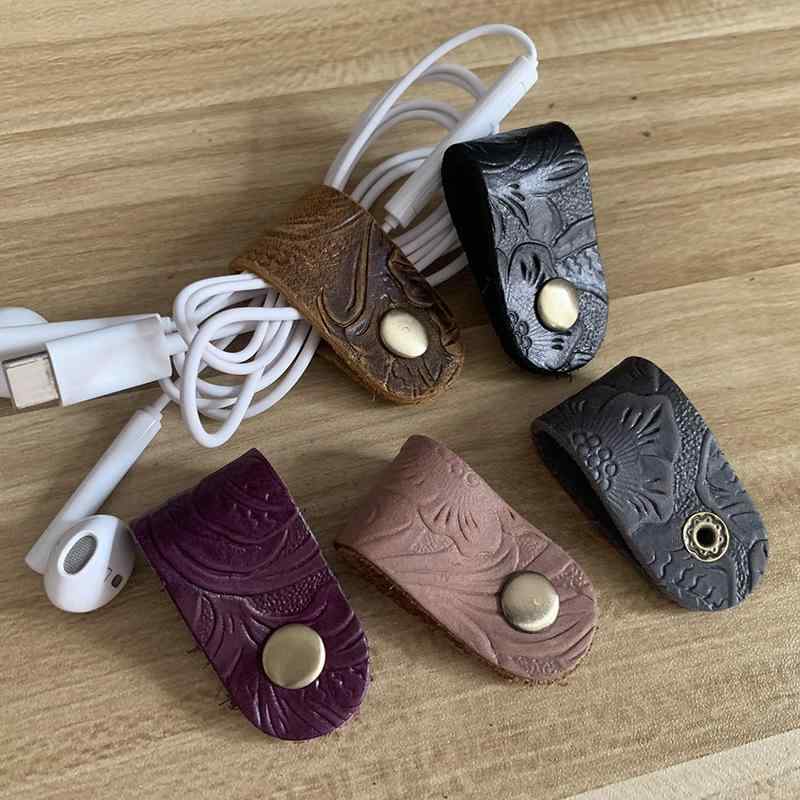 ケーブルクリップ 本革 フルグレインレザー 牛革 エンボス加工 クレイジーホースレザー スナップボタン..