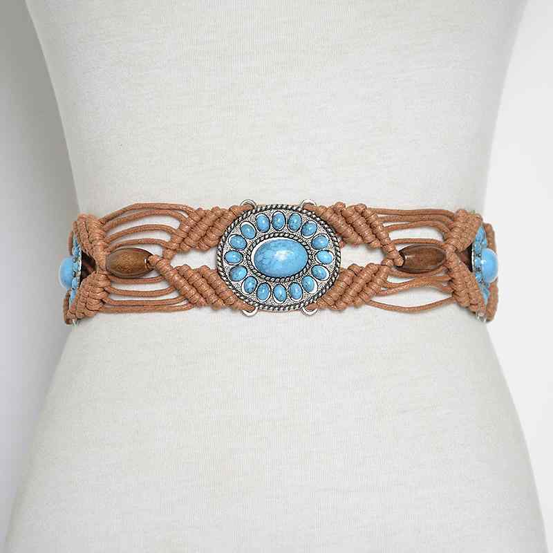 ベルト レディース カジュアル レトロ風 ハンドメイド ワックスコード編み込み ウッドビーズ ストーン装飾 エスニック調 ロング ロープデザイン ウエストマーク 多色展開(x2)