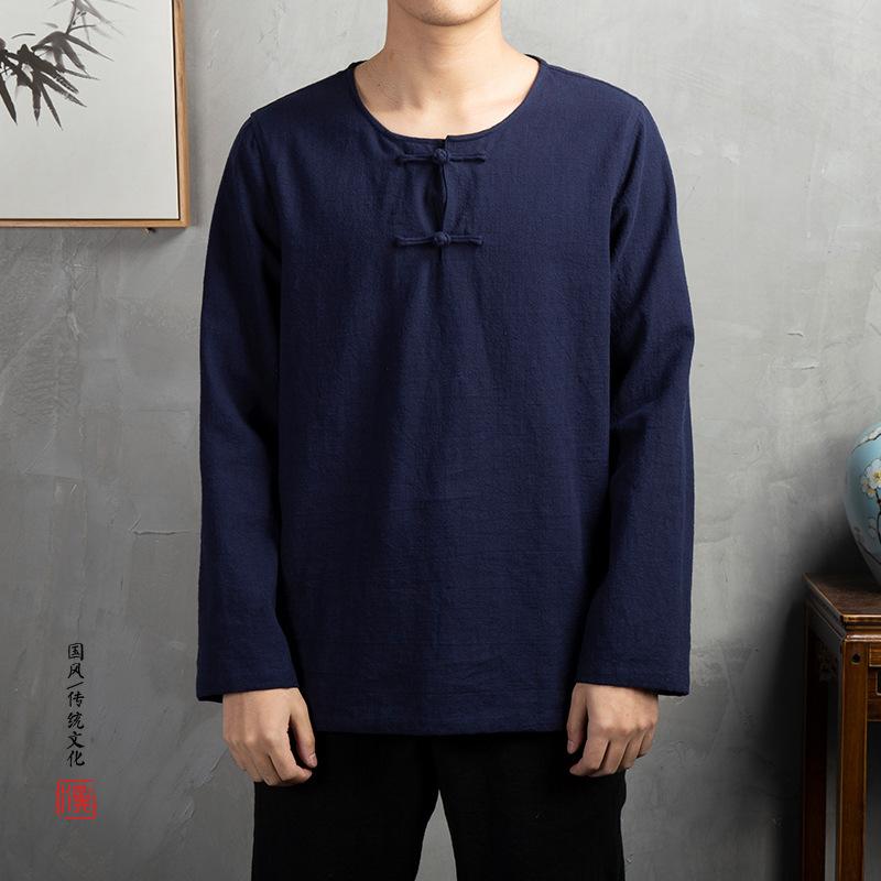 Tシャツ メンズ 春秋 中国風 チャイナボタン 長袖 綿麻 無地 ゆったり ラウンドネック 丸首 リラックス ルーズフィット カジュアル 部..