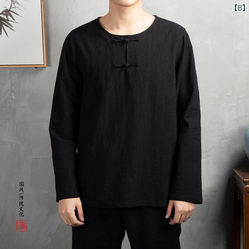 Tシャツ メンズ 春秋 中国風 チャイナボタン 長袖 綿麻 無地 ゆったり ラウンドネック 丸首 リラックス ルーズフィット カジュアル 部屋着 麻混素材
