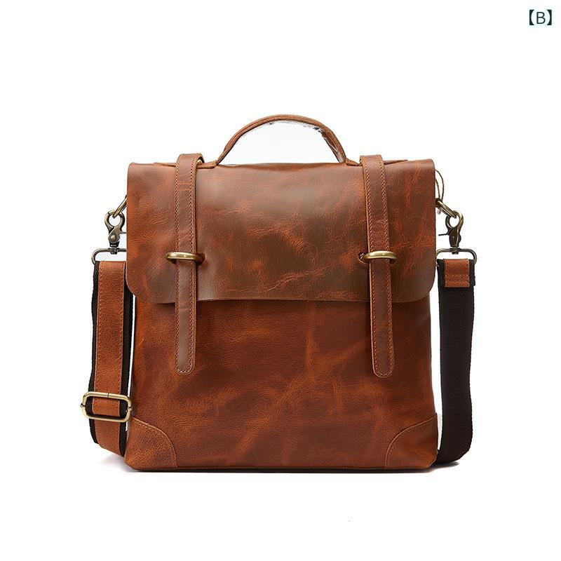 ビジネスバッグ メンズ 男性用 防水 丈夫 13インチ PC対応 A4対応 本革 クレイジーホースレザー フルグレインレザー 手提げ 肩掛け 斜め掛け ビジネス 通勤 カジュアル レトロ ヴィンテージ 書類鞄 ブリーフケース