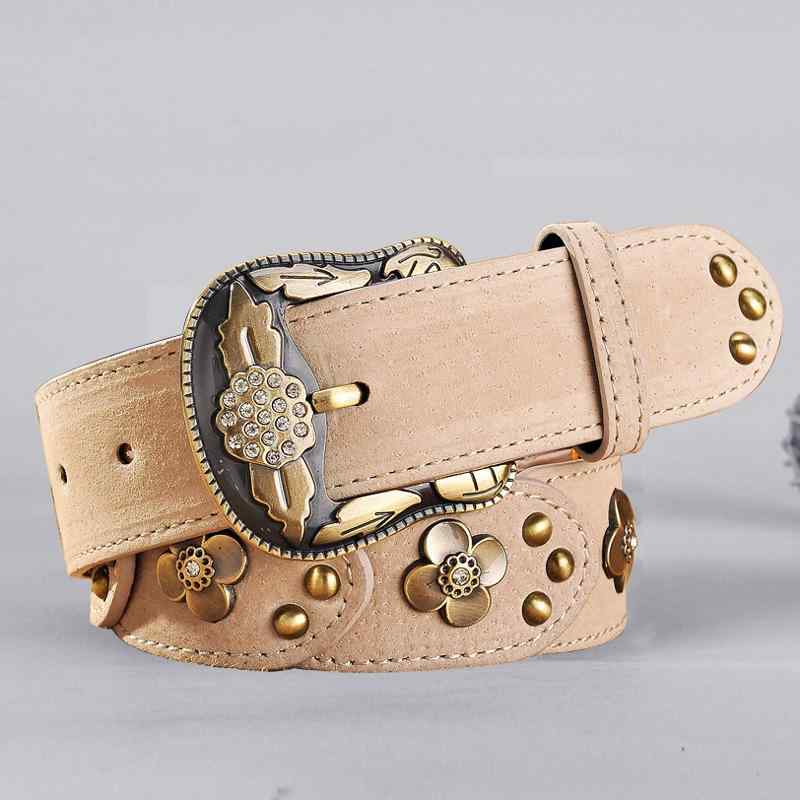 ベルト レディース 韓国風 おしゃれ 幅広 ラインストーン ピンバックル 本革 レザー レトロ スタッズ パンツ デニム ジーンズ カジュアルスタイル 丸型バックル レッド ブラック ブラウン ベージュ(x2)