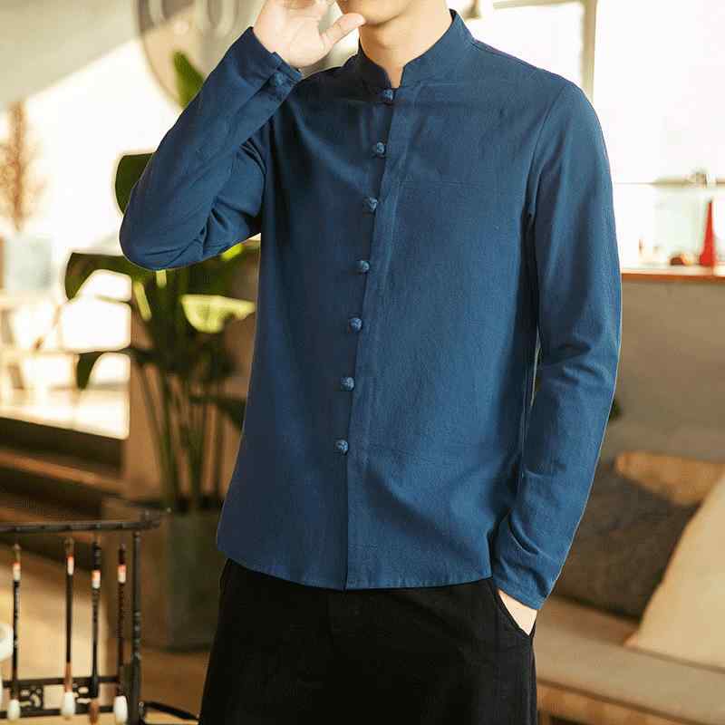 シャツ メンズ 長袖 立ち襟 チャイナボタン チャイナ風 レトロ 古風 ゆったり オーバーサイズ 無地 コ..