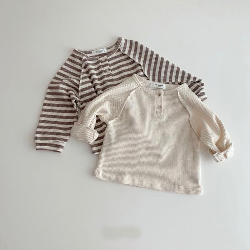 吸湿速乾 Tシャツ ベビー 男の子 女の子 韓国風 ゆったり シンプル ストライプ チュニック丈 長袖 丸首 綿素材 カジュアル おしゃれ 春秋