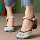 パンプス レディース ヒールアップ ミドルヒール 本革 牛革 ソフトレザー レトロ ヴィンテージ エスニック 民族風 ブロックヒール ラウンドトゥ オープンデザ...