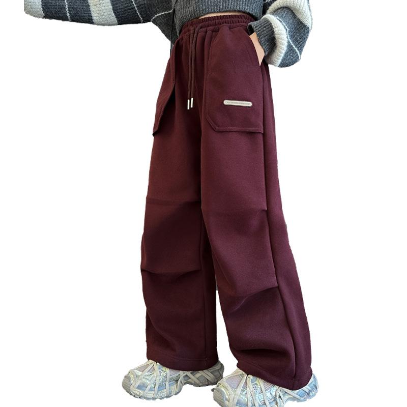 裏起毛 厚手 保温 ゆったり カーブデザイン ワイドパンツ キッズ 女の子 ジュニア 秋冬 カーゴ スウェット 綿 カジュアル ハイウエスト