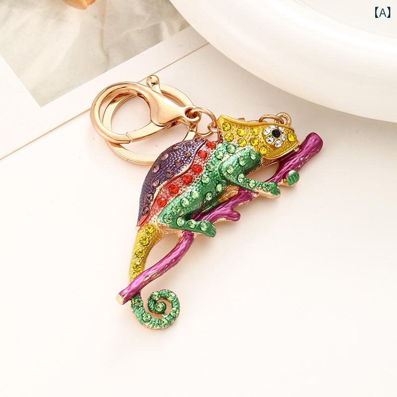 キーホルダー レトロ 高級感 カラフル ジルコニア カメレオン トカゲ レインボーカラー アニマルモチーフ 亜鉛合金製 キーリング プレゼント 誕生日 記念日 カップル 友達 ギフトの商品画像 2