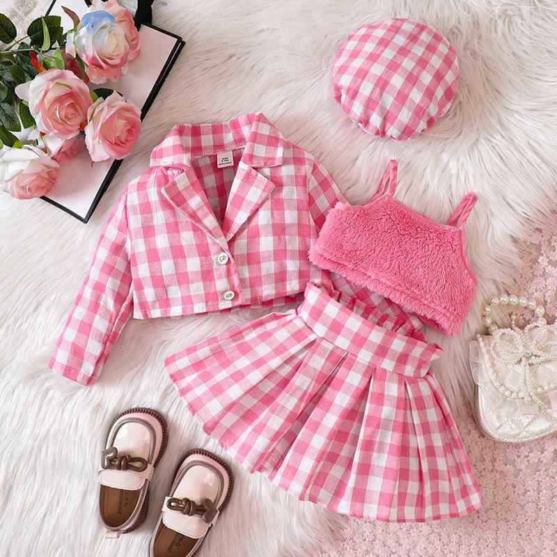 スカートセットアップ ベビー 女の子 子供服 秋冬 長袖 柔らか加工 チェック柄 Aライン イギリス風 おしゃれ かわいい 再生繊維 ピンク カジュアル お出かけ着