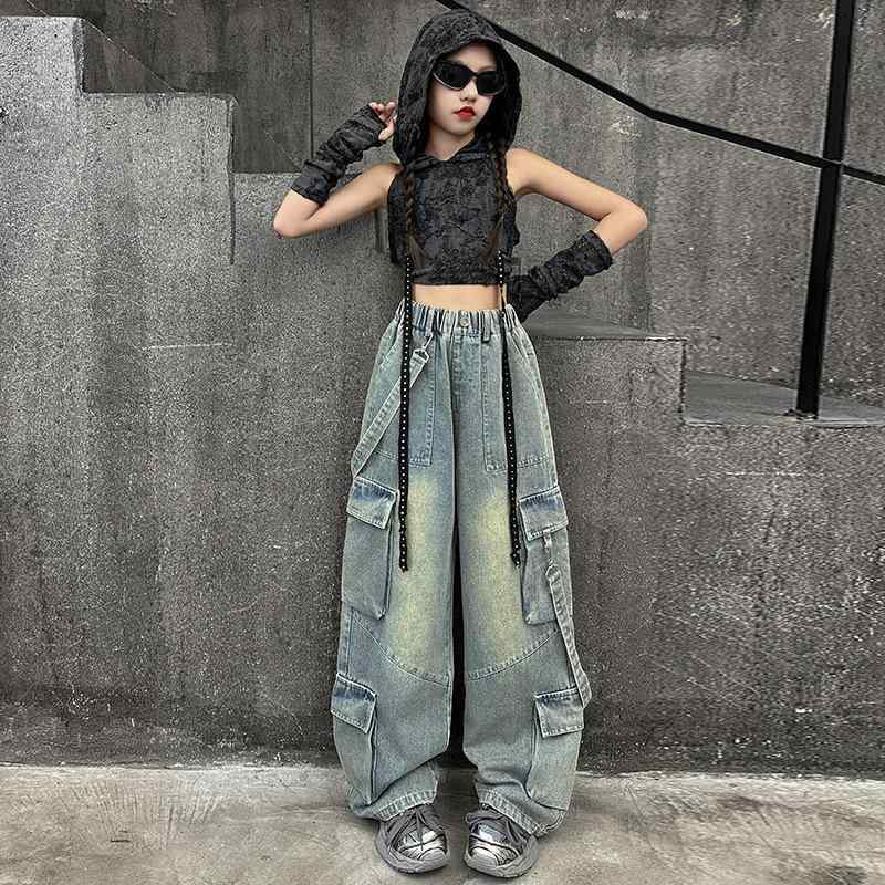 デニムパンツ 女の子 キッズ ジュニア 裏起毛 暖かい ウエストゴム ソフト ワーク アメリカンカジュアル 秋冬 ゆったり ストレート ワイド 長ズボン