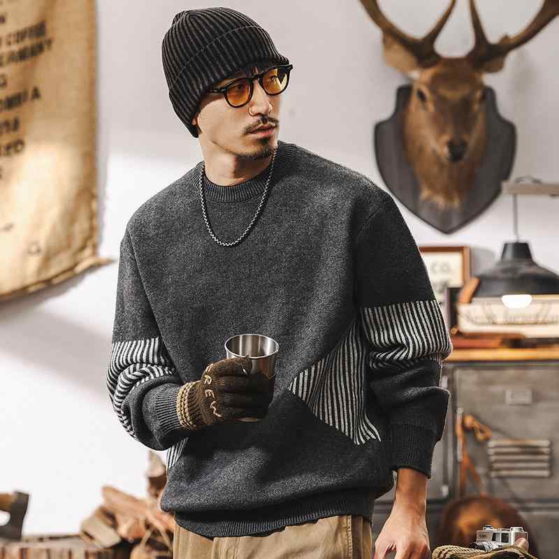 セーター メンズ アメリカンレトロ 厚手 ヘビーウェイト 保温 プルオーバー ゆったり クルーネック 長袖 配色 インナー 秋冬