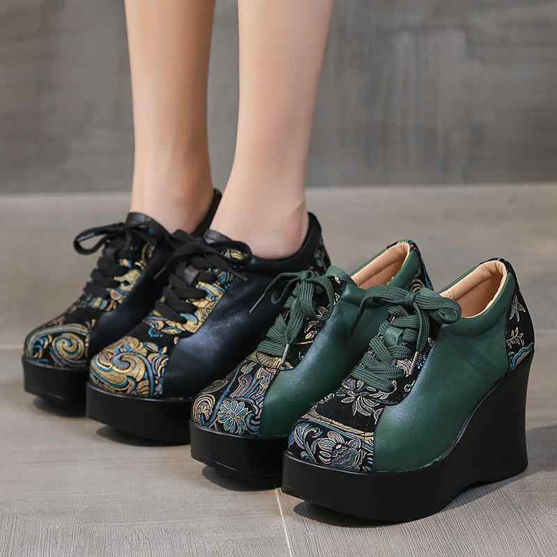パンプス レディース ミドルエイジ 厚底 ウェッジヒール 本革 牛革 レースアップ 民族風 新チャイナスタイル 快適な履き心地 春秋 デイリーユース ラウンドトゥ