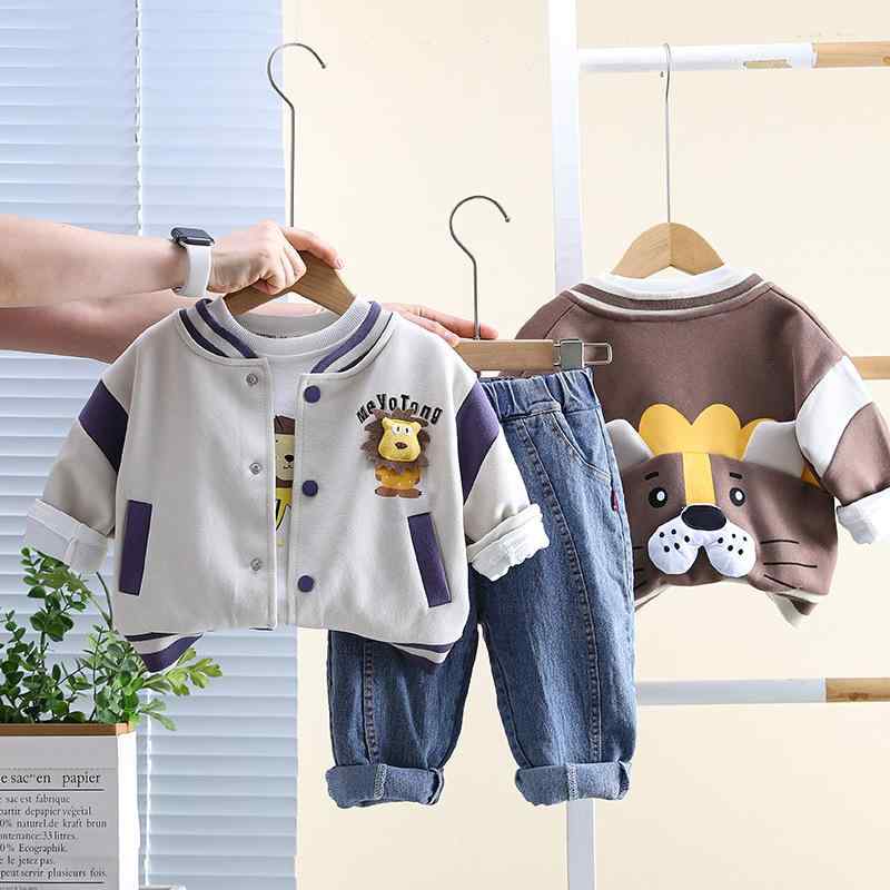 ベビー服 男の子 女の子 幼児 セットアップ 3点セット ライオン キャラクター ジップアップスタジャン 長袖 ロングパンツ コットン混 ソフトな肌触り かわいい カジュアル 春秋 80 90 100cm