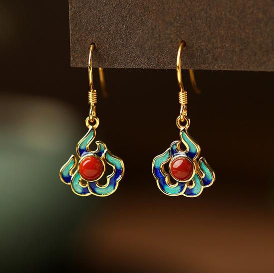 ピアス イヤリング レディース 女性用 S925シルバー 南紅瑪瑙 フレイム 炎 ドロップ 揺れる 幾何学デザイン マット加工 ゴールドカラー アンティーク調 レトロ ヴィンテージ チャイナ風 民族風