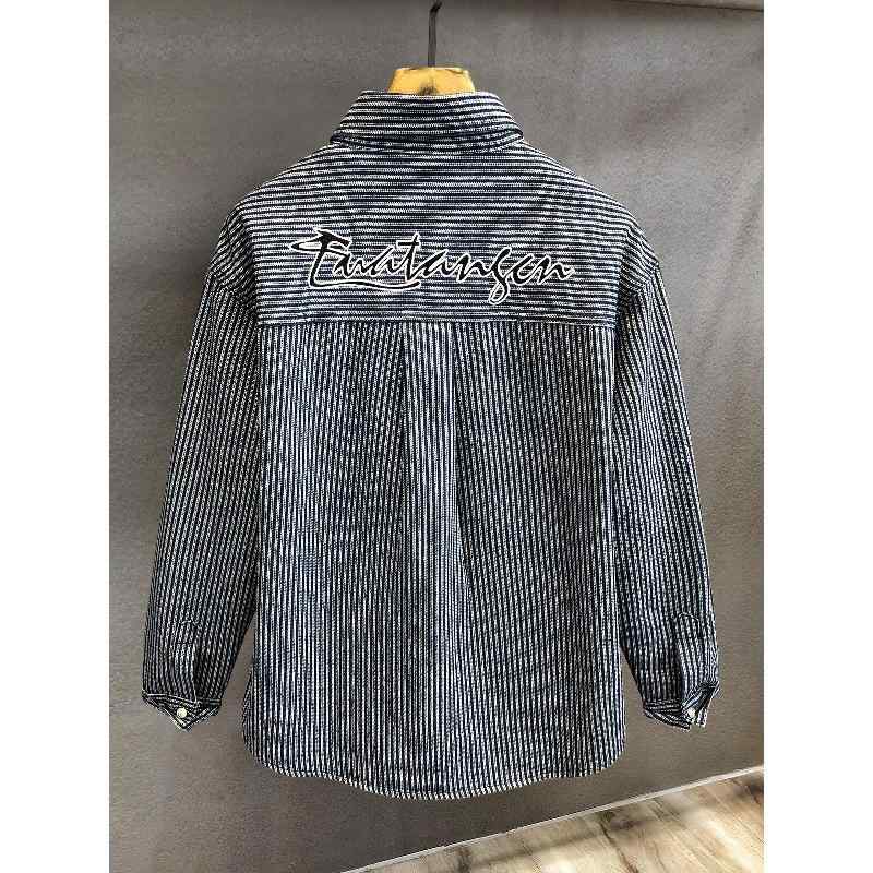 デニムジャケット メンズ オーバーサイズ 高級感 ストライプ ジャカード ブルゾン 春秋 アメリカンワーク カジュアル アウター 多ポケット 長袖 青白 綿混素材