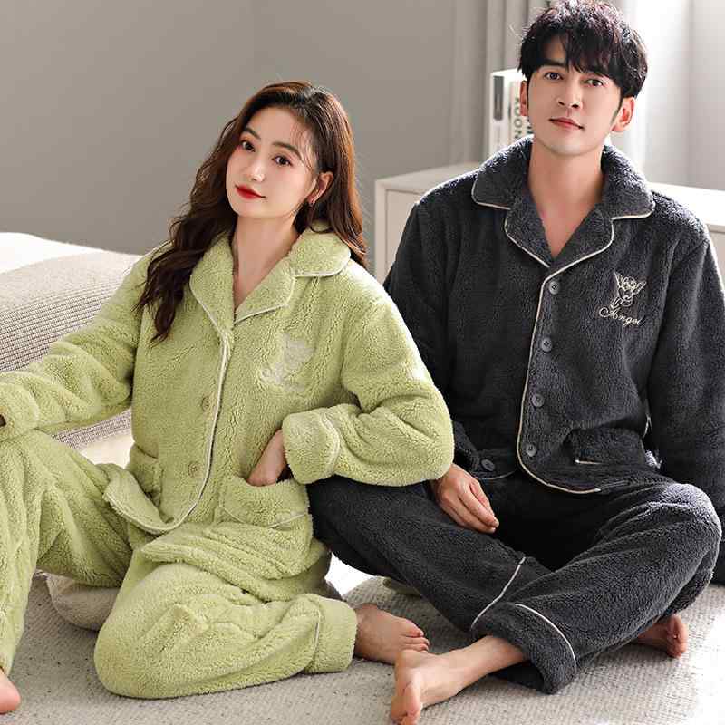 パジャマ メンズ レディース カップル ペア フランネル サンゴフリース 極厚 あったか 保温 部屋着 ルームウェア 上下セット 長袖 長パンツ 襟付き 伸縮性 ゆったり 秋冬春 ワンマイルウェア