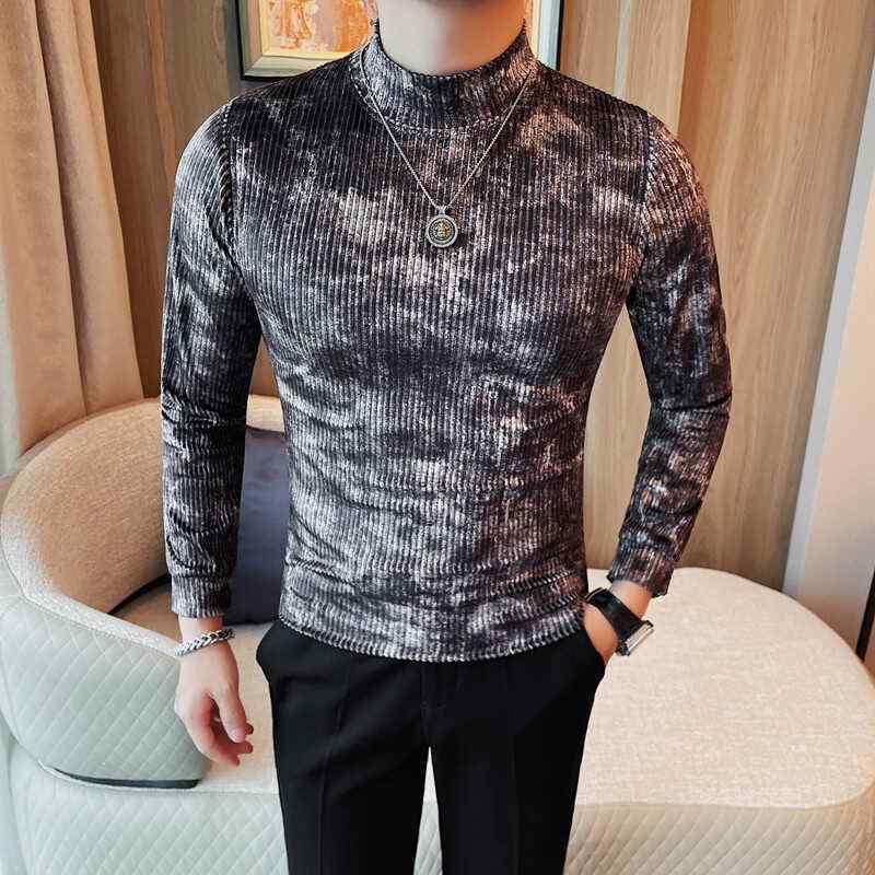 Tシャツ メンズ 男性用 スリムフィット ストレッチ フリース モックネック 長袖 ストライプ タイダイ染..