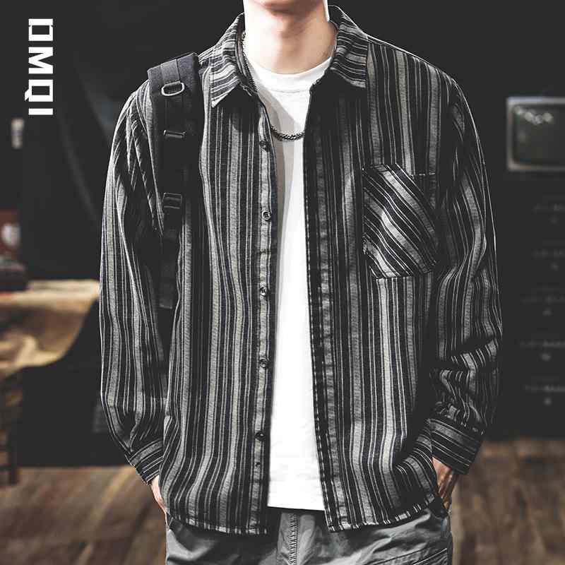 シャツ メンズ 男性用 防シワ加工 ノーアイロン 厚手 コットン 綿 高級感 アメカジ ストライプ 襟付き 長袖 ゆったり ルーズフィット ビッグシルエット 大きいサイズ 秋物 カジュアル 普段着 黒灰 羽織り アウター