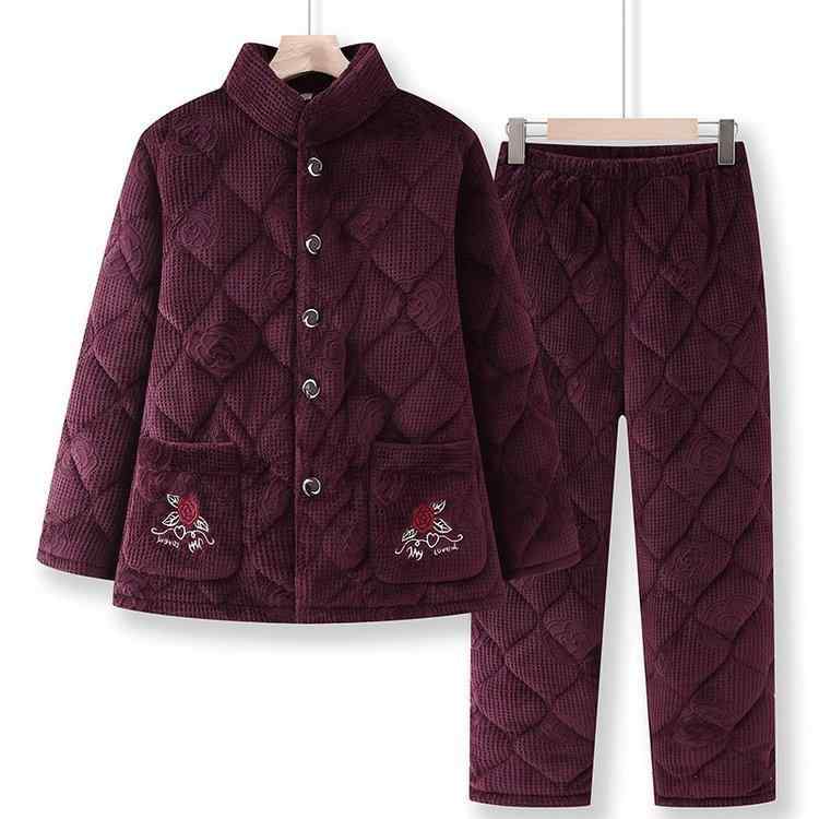 パジャマ レディース ママ 中高年 極厚 保温 あったか サンゴフリース 中綿入り 三層構造 開襟 立襟 長袖 長パンツ 上下セット ルームウェア 部屋着 秋冬