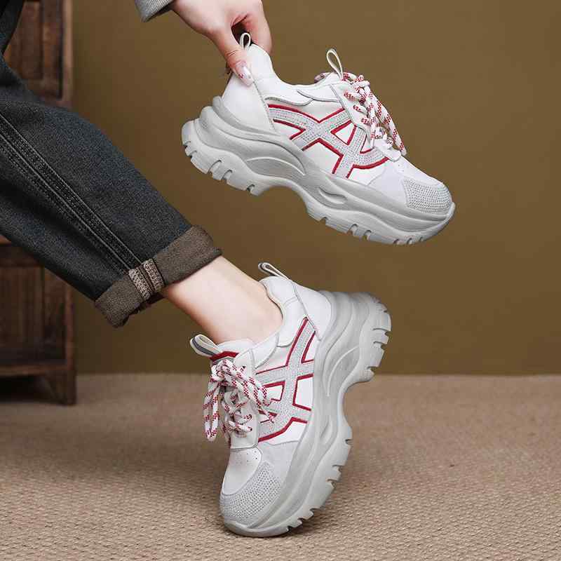 スニーカー レディース 厚底 ダッドシューズ スタイルアップ効果 本革アッパー レースアップ カジュアル デイリーユース ラウンドトゥ 切り替え配色 ラインストーン クロスストラップ 春秋 ベージュ ブラック(4)