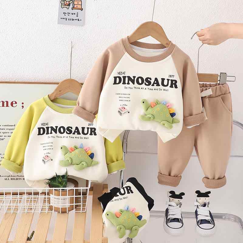 ベビー服 男の子 女の子 立体恐竜柄 長袖 切り替え スウェット ロングパンツ 上下セット 2点セット 春秋 クルーネック 綿90% 肌に優しい 韓国風 カジュアル