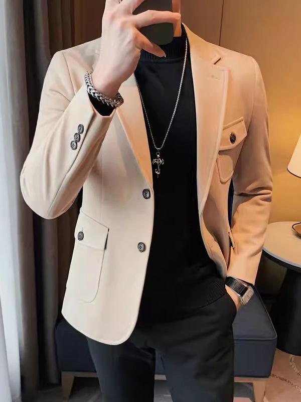 テーラードジャケット メンズ 秋冬 厚手 ウール調 ポリエステル混紡 スリムフィット イタリア風 多ポケット ビジカジ オフィスカジュアル 通勤 上品 無地 長袖