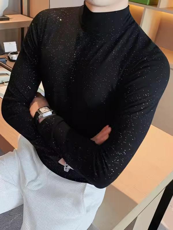 Tシャツ メンズ 男性用 長袖 伸縮性抜群 ストレッチ ラメ加工 グリッター モックネック ハイネック スリムフィット 細身 綿混 コットンブレンド 韓国ファッション きれいめ カジュアルスタイル 秋冬 普段使い お出かけ
