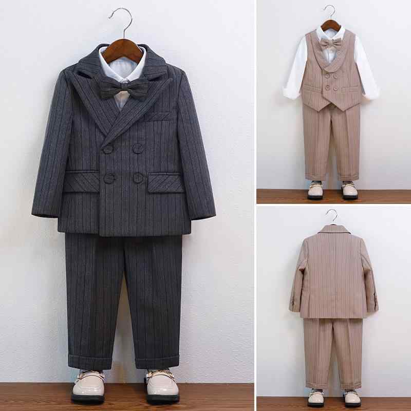 キッズ 男の子 フォーマルスーツ セットアップ ブリティッシュ ストライプ ダブルボタン 長袖 ベスト付き 発表会 結婚式 1歳 誕生日 礼服 入学式 卒園式 ...